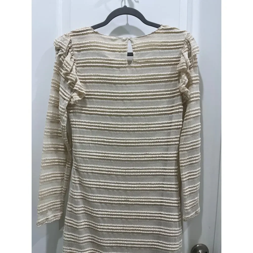NWT dRA Los Angeles Open Knit Beige Crochet Ruffle Long Sleeve Midi Dress Sz S
